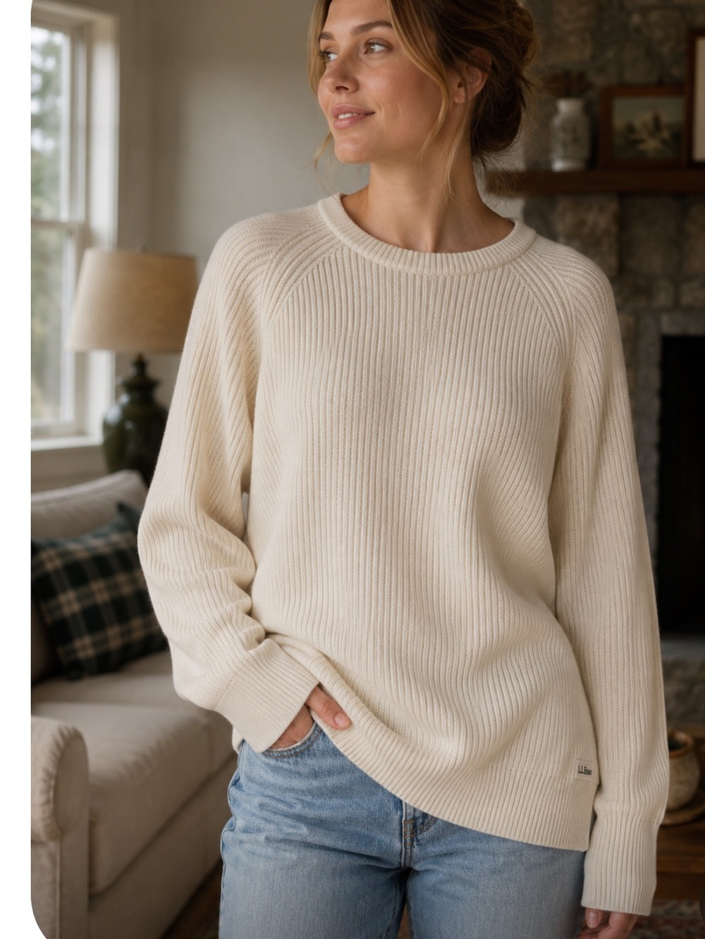 LL bean cream sweater 100% cotton size large - Picture 1 of 9